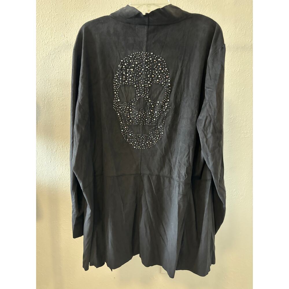 Pamela Dennis Faux Suede Top Open Front Duster Studded Rhinestones Skull New 2X
